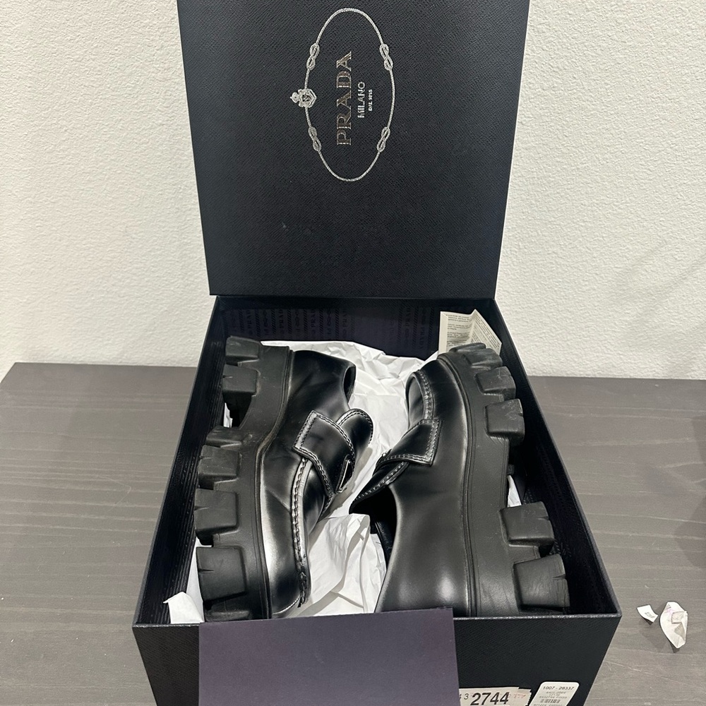 Prada Monolith brushed leather loafers chunky rubber sole Prada sz 9.5/ US 10.5 - Picture 12 of 13